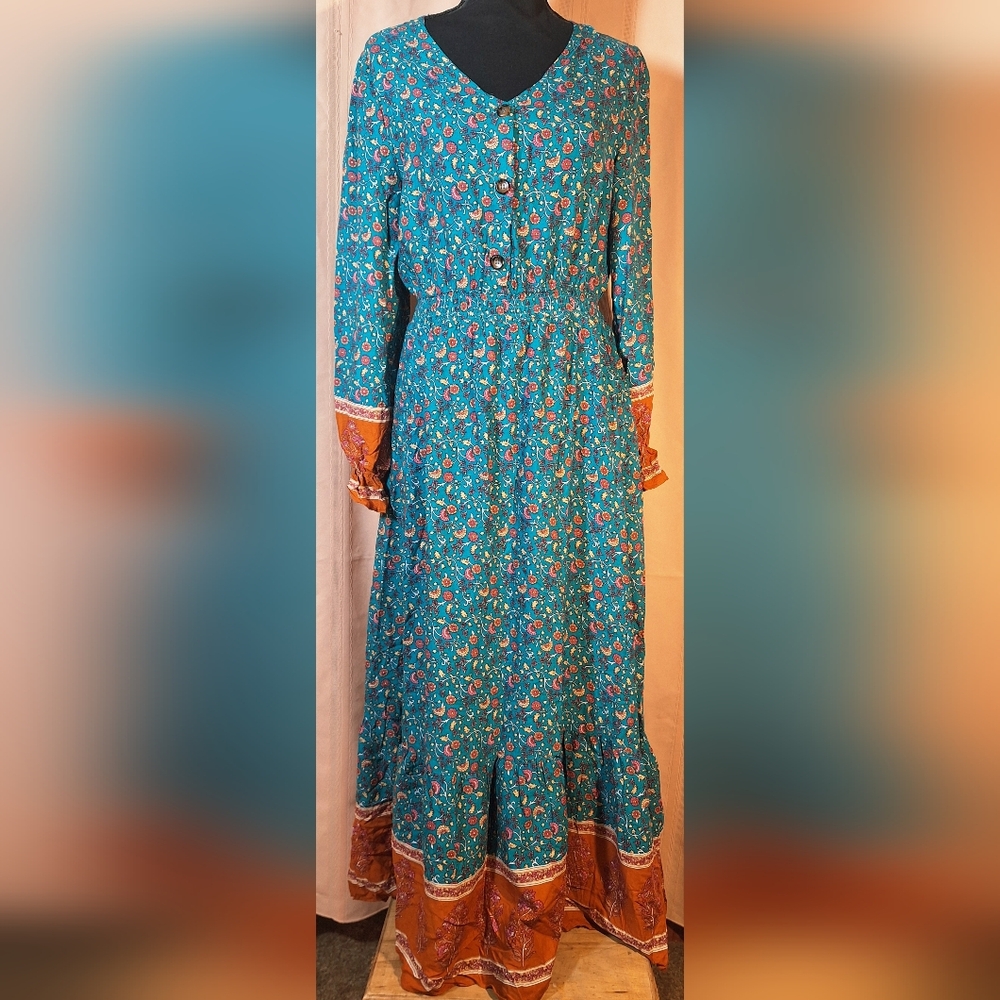 PRETTYGARDEN Chic Floral Maxi Dress in Teal and Rust with Floral Pattern